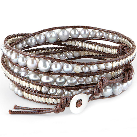 Leather Lagoon Wrap Bracelet with Leather Cording, Pearls & Beads