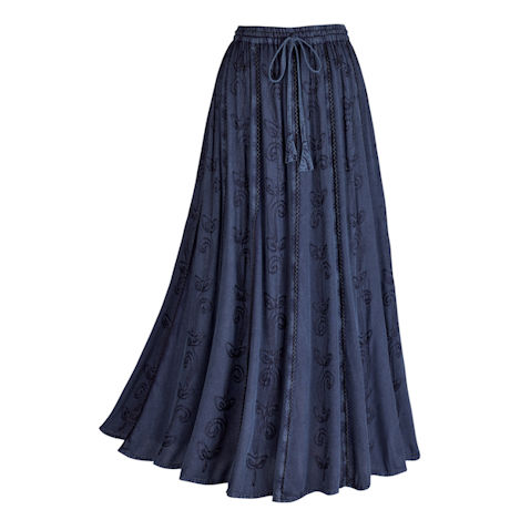 Over-Dyed Enzyme Wash Embroidered Denim Skirt
