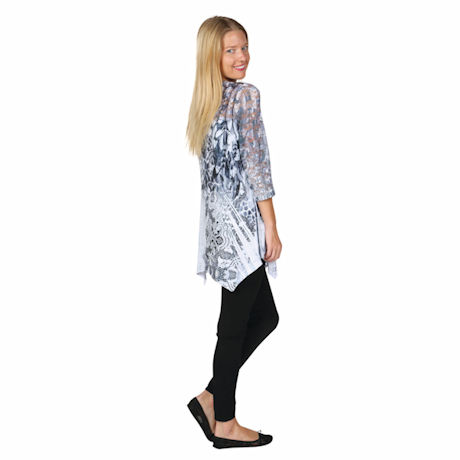 Lace Sleeve Exotic Print Abstract Blue Tunic Top