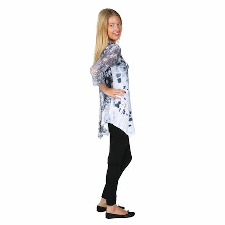 Lace Sleeve Exotic Print Abstract Blue Tunic Top