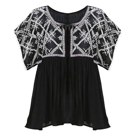 Tunic Top - Embroidered Bodice Lucille Lace-Tie Blouse