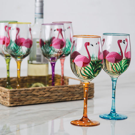 Handpainted Flamingo Wine Glasses Set