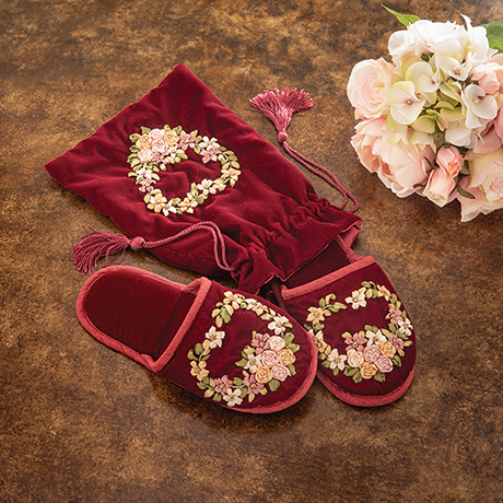 Ribbon Embroidered Slippers in a Velvet Pouch