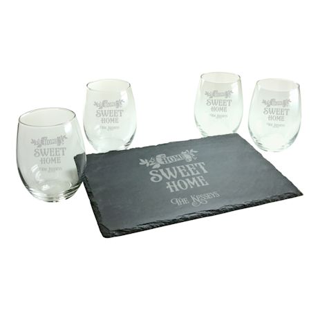 Product image for Personalized 'Home Sweet Home' Stemless Wine Glasses and Slate Cheese Board Set