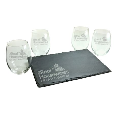 Personalized 'Real Housewines' Stemless Wine Glasses and Slate Cheese Board Set