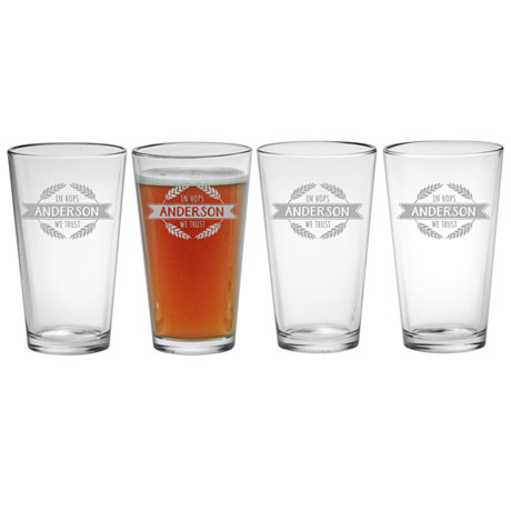 Personalized In Hops We Trust Set of 4 Pint Glasses