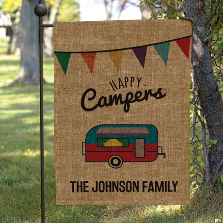 Personalized Happy Campers Burlap Garden Flag
