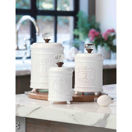 Mud Pie Kitchen Canisters - White Ceramic Lidded Jars - Set of 3