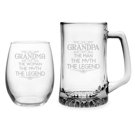 Grandma & Grandpa Stemless Wine Glass and Beer Mug Set - Myth, Legend