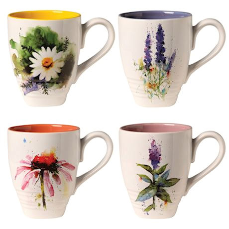 Floral Watercolor Ceramic Stoneware Mugs - Set of 4