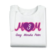 Alternate Image 1 for Personalized Mom's Pink Heart Cursive Number of Kids T-Shirt - Mother's Day Gift