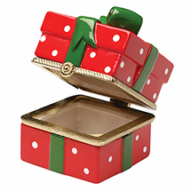 Alternate Image 1 for Porcelain Surprise Ornament - Red Gift Box with Green Ribbon and White Dots