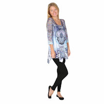 Alternate image Lace Sleeve Exotic Print Abstract Blue Tunic Top