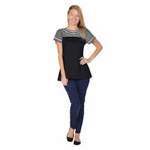 Alternate image for Long Tunic Top - Geo Embroidered Short Sleeve Blouse