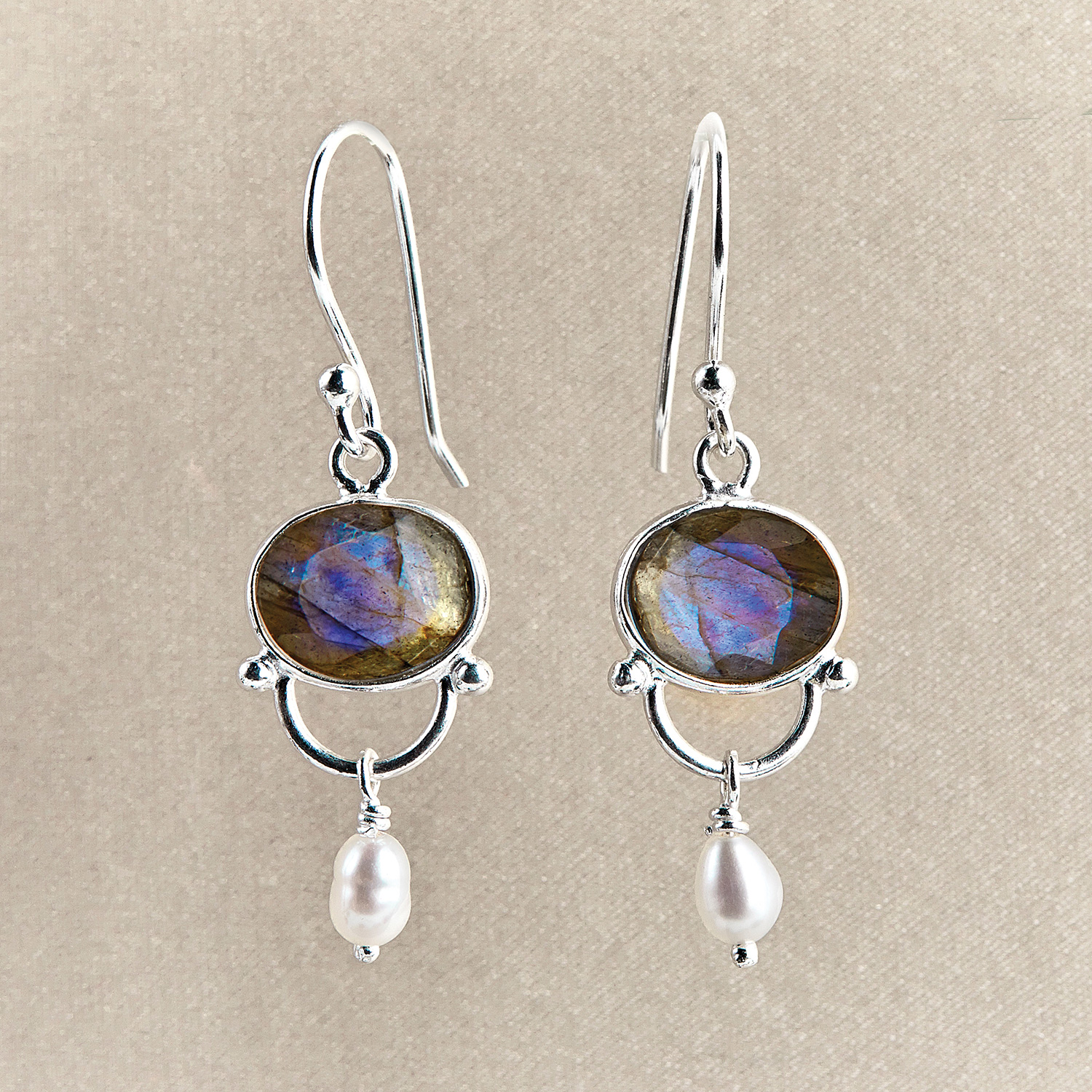 Pearl and Amethyst Earrings  in Sterling Silver Labradorite