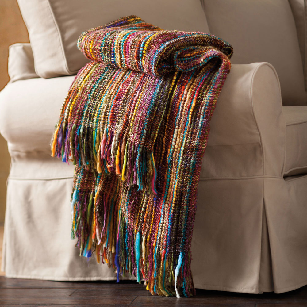Chunky Knit Throw Blanket Bright Colors Striped Fringe