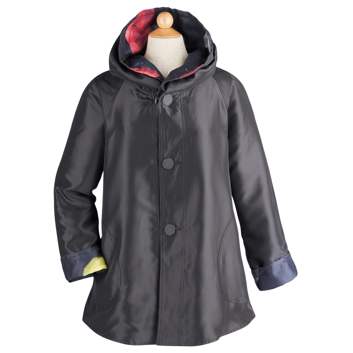 Lindi Women's Reversible Umbrella Print Raincoat - Black Hooded Rain