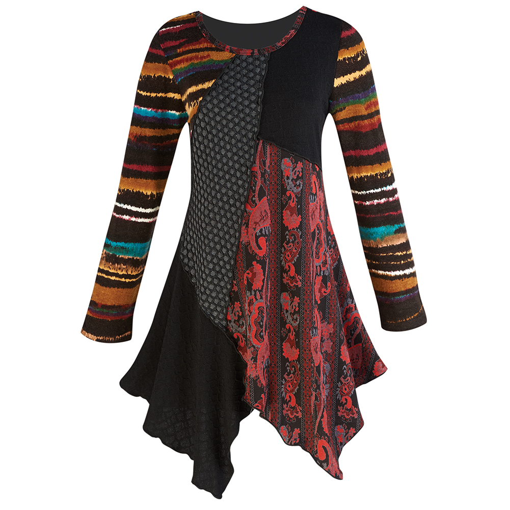 Textured Spice Patchwork Long Sleeve Tunic Top