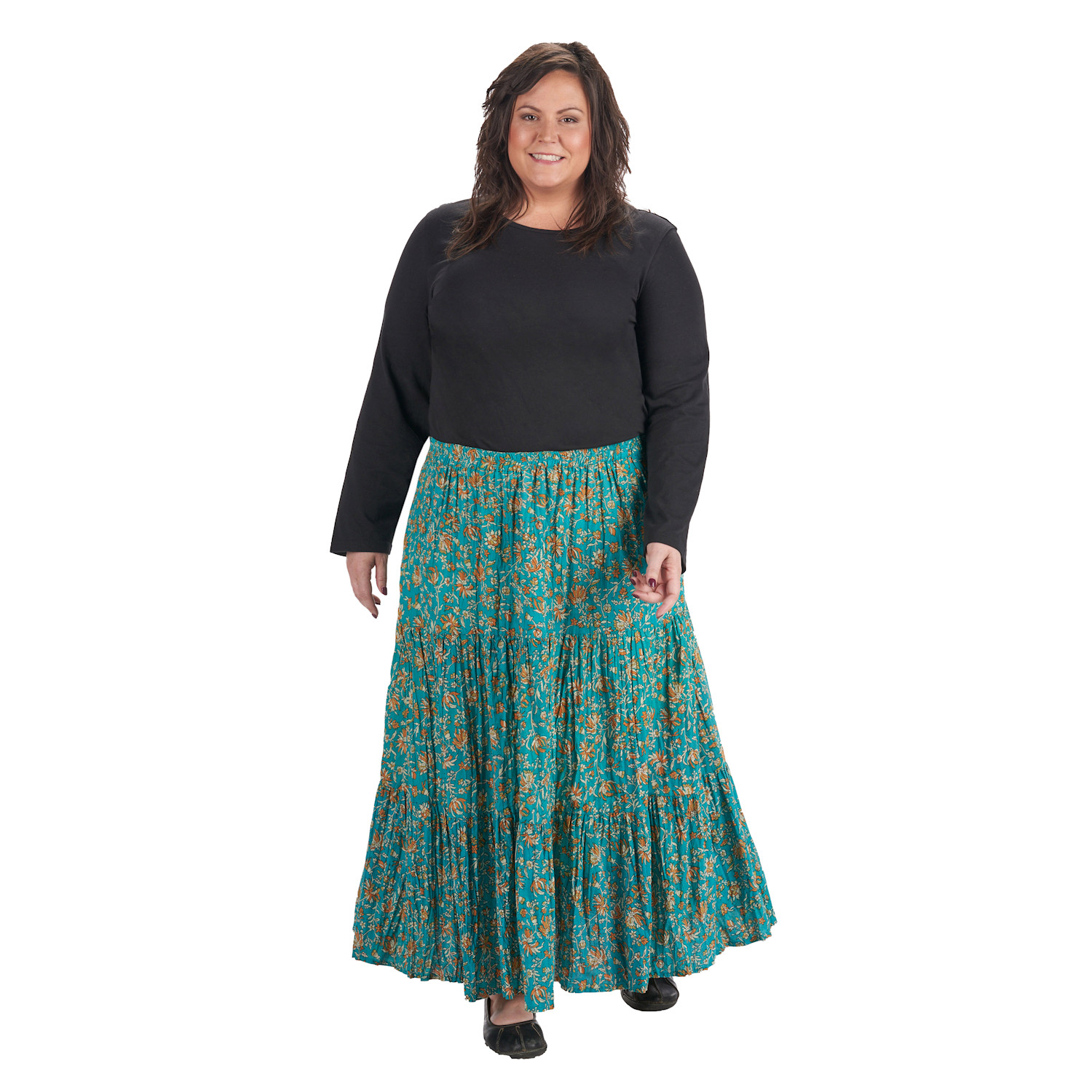 Women's Long Patchwork Peasant Skirt - Boho Green/Gold Cotton Maxi ...